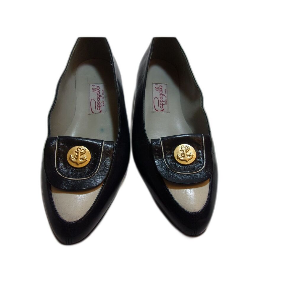 Pappagallo Nautical Flat Shoes Sz. 7.5 N Gold Anchor Button Navy White Leather